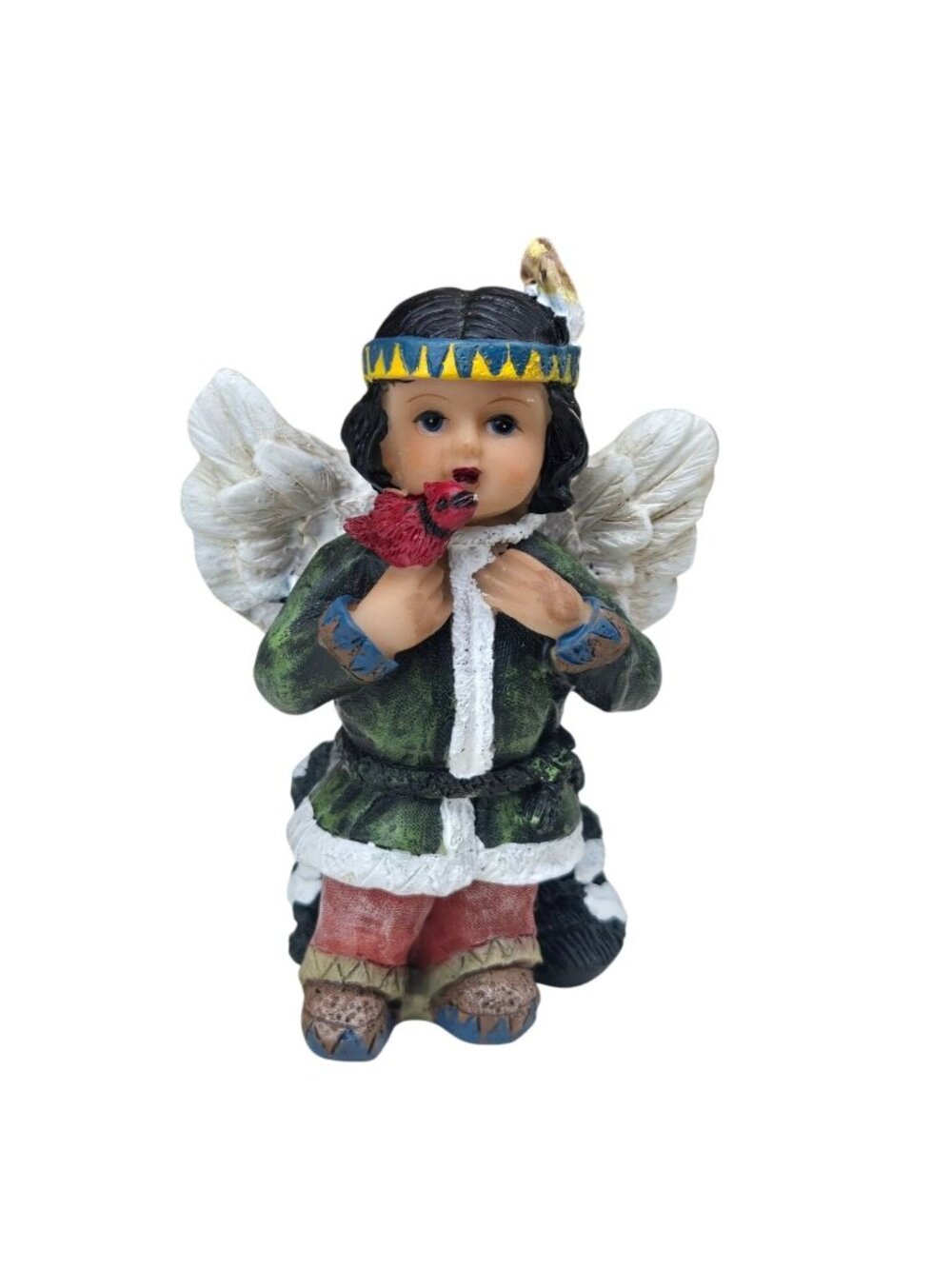 Small Native American Angel Figurine Cardinal Bird January 3" Vtg Winter Scene
